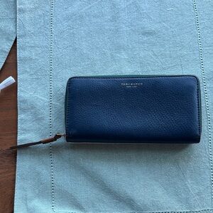 Tory Burch Dark Blue and Pink Leather Zip Wallet